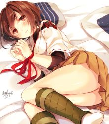 Rule 34 | 1girl, bdsm, bondage, bound, bound wrists, brown eyes, brown hair, hyuuga (kancolle), japanese clothes, kantai collection, looking at viewer, lying, on bed, on side, pillow, pleated skirt, restrained, ribbon trim, short hair, signature, skirt, solo, toosaka asagi