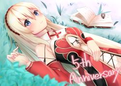 Rule 34 | 1girl, blonde hair, blue eyes, blush, book, closed mouth, collared dress, detached sleeves, dress, grimms notes, hair between eyes, hairband, hand on own stomach, highres, long hair, looking at viewer, lying, miki miki, on back, on grass, open book, red dress, red sleeves, reina (grimms notes), ribbed dress, sleeveless, sleeveless dress, smile, solo, wing collar