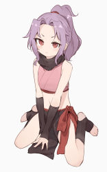 Rule 34 | 1girl, bare shoulders, black gloves, black scarf, brown eyes, commentary, elbow gloves, fingerless gloves, full body, gloves, highres, kunoichi tsubaki no mune no uchi, looking at viewer, medium hair, midriff, parted bangs, pelvic curtain, ponytail, purple hair, ringed eyes, sazanka (kunoichi tsubaki no mune no uchi), scarf, shone, simple background, sitting, solo, toeless legwear, wariza, white background