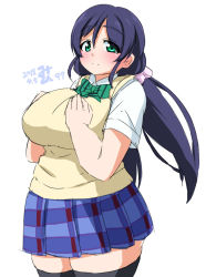 Rule 34 | 10s, 1girl, 2015, blush, bow, bowtie, breast lift, breasts squeezed together, breasts, collared shirt, dated, green eyes, huge breasts, long hair, looking at viewer, love live!, love live! school idol project, mikomu, pleated skirt, plump, purple hair, shirt, signature, skirt, smile, solo, sweater vest, tareme, thick thighs, thighs, tojo nozomi, twintails, very long hair, wide hips