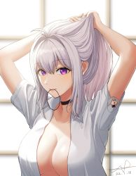 Rule 34 | 1girl, absurdres, ahoge, arms up, black choker, breasts, choker, collarbone, collared shirt, dated, dress shirt, hair between eyes, hair intakes, hair tie in mouth, highres, ine (vtuber), large breasts, long hair, looking at viewer, mascot, mouth hold, no bra, open clothes, open shirt, purple eyes, rkrkrjrj2000, shirt, short sleeves, signature, solo, tying hair, upper body, virtual youtuber, waktaverse, white hair, white shirt, window