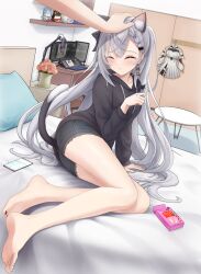 Rule 34 | 1girl, absurdres, animal ear fluff, animal ears, barefoot, black jacket, cat ears, cat tail, feet, food, grey hair, head pat, highres, hololive, hololive indonesia, jacket, on bed, phone, pocky, room, short shorts, shorts, tail, vestia zeta, virtual youtuber, zeng$ (zwj)