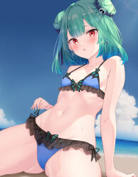 Rule 34 | 1girl, adapted costume, alternate costume, animal print, arm support, beach, bikini, blue bikini, blue hair, blue sky, blurry, blurry background, blush, bow, breasts, bug, butterfly, butterfly-shaped pupils, butterfly print, cloud, collarbone, commentary request, cowboy shot, crotch, double bun, drop earrings, earrings, floating hair, frills, gluteal fold, gradient hair, gradient sky, green hair, green nails, groin, hair bow, hair bun, hair ornament, highres, hololive, insect, jewelry, kurono yuzuko, leaning back, looking at viewer, medium hair, multicolored hair, navel, ocean, open mouth, red eyes, sand, see-through, sitting, skull, skull earrings, skull hair ornament, sky, small breasts, solo, sunlight, sweat, swimsuit, symbol-shaped pupils, uruha rushia, uruha rushia (1st costume), virtual youtuber