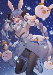 Rule 34 | 1girl, :d, animal ear fluff, animal ears, armpits, black gloves, black pantyhose, blue background, blue hair, blue ribbon, blush, bow, braid, breasts, bridal garter, bun (jewd5385), carrot, carrot hair ornament, cleavage, detached sleeves, don-chan (usada pekora), dress, floating, food-themed hair ornament, foot out of frame, footwear bow, fur trim, gloves, gradient background, hair bow, hair intakes, hair ornament, hair ribbon, hands up, highres, hololive, long hair, looking at viewer, multicolored hair, open mouth, orange eyes, pantyhose, pekomon (usada pekora), pom pom (clothes), puffy short sleeves, puffy sleeves, rabbit ears, rabbit girl, rabbit pose, rabbit tail, ribbon, shoes, short sleeves, sidelocks, simple background, small breasts, smile, snowflakes, snowing, solo, thick eyebrows, tress ribbon, twin braids, twintails, two-tone hair, usada pekora, usada pekora (1st costume), very long hair, virtual youtuber, white bow, white dress, white footwear, white hair