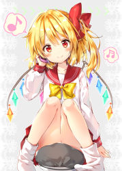 Rule 34 | 1girl, alternate costume, ascot, blonde hair, bow, cellphone, convenient censoring, eyebrows, flandre scarlet, hair bow, looking at viewer, musical note, phone, quaver, red bow, red eyes, riichu, school uniform, short hair, side ponytail, sitting, smile, solo, speech bubble, spoken musical note, touhou, wings