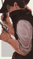 Rule 34 | 1boy, alternate costume, bandana, bandana over mouth, black eyes, black hair, brown hat, brown vest, commentary, covering own mouth, cowboy, cowboy hat, cowboy western, facial scar, from side, golden kamuy, grey background, gun, handgun, hat, highres, holding, holding gun, holding weapon, looking away, male focus, mask, mouth mask, ogata hyakunosuke, pistol, revolver, scar, scar on cheek, scar on face, shirt, short hair, simple background, sleeves rolled up, solo, standing, symbol-only commentary, tonta (tonta1231), upper body, vest, weapon, western, white shirt