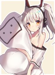 Rule 34 | 1girl, :o, animal ears, ayanami (azur lane), ayanami (niconico) (azur lane), azur lane, bad id, bad twitter id, bare shoulders, blush, collarbone, commentary request, headphones, high ponytail, highres, light brown hair, long hair, looking at viewer, niconico, hugging object, off-shoulder shirt, off shoulder, orange eyes, parted lips, pillow, pillow hug, ponytail, shirt, short sleeves, solo, terebi-chan, usamata, white shirt