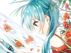 Rule 34 | 2girls, absurdres, aqua eyes, aqua hair, bad reflection, bare shoulders, dual persona, artistic error, flower, from side, hair behind ear, hatsune miku, highres, ille (xcpa7325), long hair, looking down, multiple girls, orange flower, parted lips, plant, reflection, reflective water, simple background, vocaloid, water