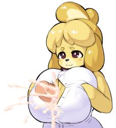 Rule 34 | 1girl, :3, animal crossing, animal ears, bare shoulders, blonde hair, blush stickers, borvar, breast hold, breasts, breasts squeezed together, brown eyes, closed mouth, collar, cum, cum on body, cum on breasts, cum on upper body, disembodied penis, dog ears, dog girl, ejaculation, erection, furry, furry female, hands up, happy, highres, huge breasts, isabelle (animal crossing), nintendo, open clothes, open shirt, orgasm, paizuri, penis, shirt, short hair, simple background, sleeveless, sleeveless shirt, smile, solo, topknot, unbuttoned, upper body, white shirt