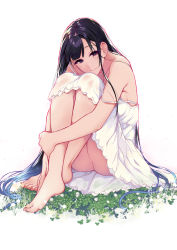 Rule 34 | 1girl, ane naru mono, ass, bare shoulders, barefoot, black hair, blush, breasts, chiyo (ane naru mono), closed mouth, dress, feet, flower, full body, grass, highres, hugging own legs, legs together, long hair, looking at viewer, medium breasts, mole, mole under eye, no panties, off shoulder, on grass, pochi (pochi-goya), purple eyes, simple background, sitting, smile, solo, sundress, toenails, toes, very long hair, white background, white dress