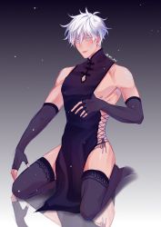 Rule 34 | 1boy, bare shoulders, blue eyes, blush, china dress, chinese clothes, cleavage cutout, closed mouth, clothing cutout, colored eyelashes, commentary, cross-laced clothes, crossdressing, dress, elbow gloves, fingerless gloves, gloves, gojou satoru, hand up, highres, jujutsu kaisen, kajunmypants, kneeling, lace, lace-trimmed legwear, lace trim, looking at viewer, male focus, nipple slip, nipples, pectorals, pelvic curtain, purple dress, purple thighhighs, reflective floor, short hair, side slit, sleeveless, sleeveless dress, solo, symbol-only commentary, thighhighs, thighs, toned, toned male, turtleneck, white hair