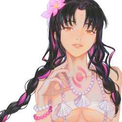 Rule 34 | 1girl, absurdres, bare shoulders, basic, bikini, black hair, bracelet, braid, breasts, chest tattoo, cleavage, facial mark, fate/extra, fate/extra ccc, fate/grand order, fate (series), flower, forehead mark, hair flower, hair ornament, highres, jewelry, lips, long hair, looking at viewer, multicolored hair, necklace, pink hair, sessyoin kiara, sessyoin kiara (swimsuit mooncancer), sessyoin kiara (swimsuit mooncancer) (first ascension), shell, shell necklace, smile, solo, swimsuit, tattoo, twin braids, white bikini, yellow eyes