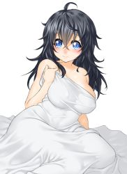 Rule 34 | 1girl, ahoge, arm support, bare shoulders, bed sheet, black hair, blue eyes, blush, breasts, cleavage, closed mouth, covered erect nipples, covered navel, covering breasts, covering privates, crossed bangs, hair between eyes, large breasts, long hair, looking at viewer, messy hair, naked sheet, netoge no yome wa onna no ko janai to omotta?, nose blush, nude cover, onsoku inu, simple background, sitting, skin tight, solo, tamaki ako, under covers, white background, yokozuwari