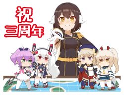 Rule 34 | 5girls, adapted turret, aiguillette, animal ears, ayanami (azur lane), azur lane, bangle, bare shoulders, belt, beret, black gloves, black hairband, black ribbon, black vest, blue cape, blue headwear, blue sailor collar, blue skirt, blue sleeves, blue thighhighs, blunt bangs, blush, bow, bracelet, breasts, bridal garter, bridal gauntlets, brown hair, cap105, cape, chibi, clenched hand, clenched hands, collarbone, commentary request, cowboy shot, crop top, cross, cross hair ornament, crown, curled horns, detached sleeves, dress, epaulettes, fake animal ears, full body, gloves, green eyes, grin, hair between eyes, hair bow, hair ornament, hair ribbon, hairband, hat, headgear, headphones, headphones around neck, high ponytail, highres, holding, holding javelin, holding sword, holding weapon, horns, iron cross, javelin, javelin (azur lane), jewelry, laffey (azur lane), large breasts, light brown hair, long hair, long sleeves, looking at another, looking at viewer, map, medium breasts, midriff, mikasa (azur lane), military, military uniform, mini crown, multiple girls, navel, neckerchief, orange eyes, outstretched arm, pink neckerchief, platinum blonde hair, pleated skirt, ponytail, purple hair, rabbit ears, red cape, red eyes, red footwear, red skirt, retrofit (azur lane), ribbon, rudder footwear, sailor collar, sailor dress, sakuramon, shadow, shirt, short hair, sidelocks, simple background, skirt, sleeveless, sleeveless dress, smile, standing, striped, striped bow, sword, taut clothes, thighhighs, tilted headwear, translation request, triangle mouth, twintails, two-tone cape, underbust, uniform, very long hair, vest, weapon, white background, white belt, white cape, white dress, white gloves, white hair, white legwear, white skirt, white sleeves, wide sleeves, wrist ribbon, yellow belt, yellow eyes, yellow neckerchief, z23 (azur lane), zettai ryouiki