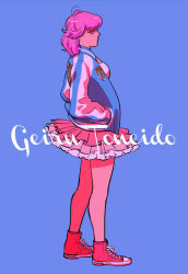 Rule 34 | 1girl, ace attorney, blue background, character name, full body, geiru toneido, hands in pockets, jacket, looking at viewer, medium hair, nekowosuu, phoenix wright: ace attorney - spirit of justice, pink footwear, pink hair, pink skirt, shoes, simple background, skirt, sneakers, solo, track jacket