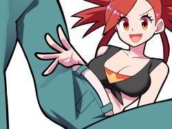 Rule 34 | 1girl, bellupup, breasts, cleavage, collarbone, creatures (company), flannery (pokemon), game freak, highres, looking at viewer, medium breasts, midriff, nintendo, open mouth, orange eyes, pants, pokemon, pokemon oras, red hair, shirt, simple background, smile, tied shirt, v-shaped eyebrows, white background