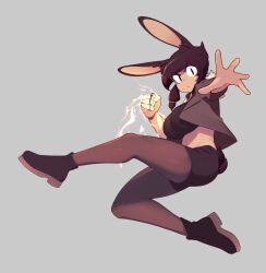 Rule 34 | 1girl, animal ears, black footwear, black hair, black pantyhose, black shorts, clenched hand, emi (fizintine), fizintine, full body, grey background, highres, pantyhose under shorts, low ponytail, mechanical arms, original, outstretched arm, pantyhose, rabbit ears, rabbit girl, rabbit tail, shoes, short shorts, short sleeves, shorts, simple background, single mechanical arm, slit pupils, solo, swept bangs, tail, v-shaped eyebrows