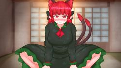 Rule 34 | 1girl, absurdres, animal ears, blurry, blurry background, blush, bow, breasts, cat ears, cat tail, dress, extra ears, green dress, hair bow, highres, kaenbyou rin, large breasts, looking at viewer, multiple tails, pov, red eyes, red hair, sitting, solo focus, tail, textless version, touhou, yumenomimizuku