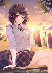 Rule 34 | 1girl, bag, bench, black bag, blue skirt, blush, brown hair, building, city, closed mouth, cloud, collared shirt, crossed legs, hand up, headphones, highres, holding, holding phone, lamppost, long sleeves, looking at viewer, original, outdoors, phone, pink eyes, plaid, plaid skirt, pleated skirt, school bag, school uniform, shirt, short hair, sitting, skirt, sky, smile, solo, sunset, vest, white shirt, white vest, yatomi