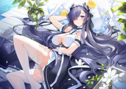 Rule 34 | 1girl, apron, arm behind head, arm strap, arm up, august von parseval (azur lane), august von parseval (the conquered unhulde) (azur lane), azur lane, bare shoulders, between breasts, breasts, cleavage, clothing cutout, cross, curled horns, frilled straps, garter straps, hair over one eye, horns, hu kotora, iron cross, large breasts, long hair, looking at viewer, lying, maid, maid headdress, manjuu (azur lane), mechanical horns, official alternate costume, on side, one eye covered, pillow, purple eyes, purple hair, solo, strap between breasts, thighhighs, thighs, underboob cutout, very long hair, white apron, white thighhighs
