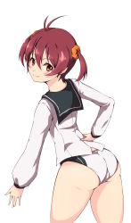 Rule 34 | 1girl, ass, brown eyes, brown hair, fortis-931, from behind, isshiki akane, looking back, school uniform, short hair, short shorts, shorts, smile, sobatto (fortis-931), solo, twintails, vividred operation
