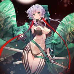 Rule 34 | 1girl, armpit cutout, belt, black bodysuit, black kimono, blush, bodysuit, braided hair rings, breasts, clothing cutout, covered navel, earrings, fate/grand order, fate/samurai remnant, fate (series), green eyes, green kimono, hair ribbon, highres, japanese clothes, jewelry, katana, kimono, large breasts, long hair, long sleeves, looking at viewer, off shoulder, open clothes, open kimono, ponytail, ribbon, sidelocks, solo, sword, thigh cutout, thighs, two-tone bodysuit, ura illust, weapon, white bodysuit, white hair, wide sleeves, yui shousetsu (fate), yui shousetsu (first ascension) (fate), yui shousetsu (second ascension) (fate)