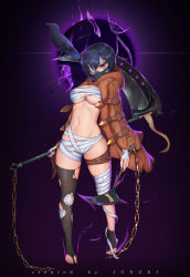 Rule 34 | 1girl, absurdres, artist name, asymmetrical legwear, bandage over one eye, bandaged hand, bandaged leg, bandages, bird, black hair, breasts, bridal legwear, brown coat, budget sarashi, chain, cleavage, coat, commentary request, crossed bangs, crow, darkness, full body, glint, groin, hair between eyes, highres, holding, holding scythe, holding sickle, hood, hood down, hooded coat, jong-ej, korean commentary, large breasts, long sleeves, looking at viewer, making-of available, mask, mole, mole under eye, mouth mask, nail polish, navel, open clothes, open coat, original, purple background, purple eyes, red nails, sarashi, scythe, short hair, sickle, sidelocks, solo focus, standing, thigh strap, tiptoes, torn clothes, torn legwear, underboob, uneven legwear