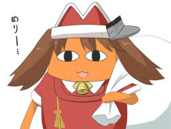 Rule 34 | 10s, 1girl, :3, azumanga daiou, bell, brown hair, cat, cosplay, creature, female focus, goma (gomasamune), hat, jingle bell, kantai collection, long hair, mihama chiyo&#039;s father, open mouth, ryuujou (kancolle), ryuujou (kancolle) (cosplay), sack, santa costume, santa hat, sideways hat, simple background, slit pupils, smile, solo, translated, twintails, upper body, visor cap, white background
