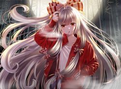 Rule 34 | 1girl, adapted costume, alternate costume, arm up, bamboo, bamboo forest, bow, casual, cigarette, collarbone, commentary request, contemporary, forest, fujiwara no mokou, full moon, hair bow, hand in pocket, jacket, long hair, long sleeves, looking at viewer, moon, mouth hold, nature, night, night sky, ofuda, open clothes, open jacket, outdoors, red eyes, red jacket, shirt, sidelocks, silver hair, sky, smoke, smoking, solo, suspenders, touhou, upper body, very long hair, white bow, white shirt, yuuka nonoko