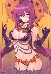 Rule 34 | 1girl, bare shoulders, bikini, blush, bow, breasts, candy, choker, cleavage, collarbone, damda, elbow gloves, fate/grand order, fate (series), food, frills, garter straps, gloves, gradient background, hair between eyes, hair intakes, halloween, halloween costume, hat, hip focus, large breasts, licking lips, lollipop, long hair, looking at viewer, navel, o-ring, orange background, orange bow, orange hat, purple bikini, purple gloves, purple hair, red eyes, scathach (fate), skull, smile, solo, star (symbol), star print, striped, striped bow, swimsuit, tongue, tongue out, wand, witch, witch hat