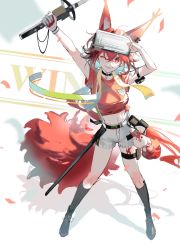 Rule 34 | 1girl, ;), animal ears, arknights, arms up, black choker, black footwear, black socks, breasts, choker, crop top, flametail (arknights), flametail (sport for all) (arknights), full body, hair between eyes, head-mounted display, heqing, highres, holding, holding sword, holding weapon, kneehighs, long hair, looking at viewer, medium breasts, midriff, navel, official alternate costume, one eye closed, orange eyes, orange shirt, red hair, scabbard, sheath, shirt, shoes, short shorts, short sleeves, shorts, smile, socks, solo, standing, stomach, sword, thigh strap, thighs, very long hair, weapon, white shorts
