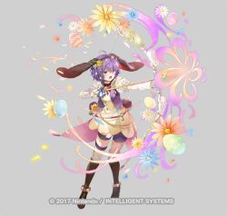 Rule 34 | 1girl, ahoge, animal ears, arrow (projectile), belt, bernadetta von varley, bernadetta von varley (spring), boots, bow (weapon), dress, easter egg, egg, fake animal ears, fake tail, fire emblem, fire emblem: three houses, fire emblem heroes, flower, frills, full body, gloves, green eyes, grey background, hair ornament, holding, holding bow (weapon), holding weapon, hood, hood down, kanda done, nintendo, official art, open mouth, petals, polka dot, pom pom (clothes), puffy short sleeves, puffy sleeves, purple eyes, rabbit ears, rabbit tail, see-through, short dress, short hair, short sleeves, shorts, simple background, solo, stuffed animal, stuffed toy, tail, thigh boots, thigh strap, weapon
