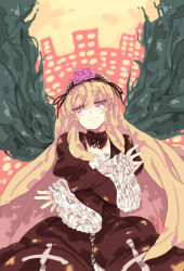 Rule 34 | 00s, 1girl, black dress, blonde hair, blush, cityscape, cowboy shot, dress, frilled sleeves, frills, head tilt, long hair, long sleeves, looking at viewer, pink eyes, rozen maiden, solo, suigintou, umitsuki, very long hair, x arms