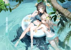 Rule 34 | 2girls, absurdres, afloat, anmi, ass, bare arms, bare legs, bare shoulders, barefoot, bikini, black hair, blue bikini, blurry, blurry foreground, branch, breasts, brown eyes, brown hair, closed mouth, comiket 103, day, dress, flower, from above, green eyes, hair flower, hair ornament, halterneck, highres, innertube, large breasts, leaf, long hair, looking at viewer, medium breasts, multiple girls, navel, non-web source, original, outdoors, parted lips, partially submerged, scan, sideboob, sitting, sleeveless, smile, soaking feet, stomach, swim ring, swimsuit, thighs, tree, vanilla, water, white dress, white flower, white hair, yellow eyes