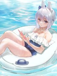 Rule 34 | 1girl, absurdres, animal ears, blue archive, blue one-piece swimsuit, blush, breasts, collarbone, fake animal ears, feet out of frame, frilled one-piece swimsuit, frills, grey hair, halo, highres, holding, holding phone, looking at viewer, marulire, miyako (blue archive), miyako (swimsuit) (blue archive), on innertube, one-piece swimsuit, phone, rabbit ears, sidelocks, small breasts, solo, swimsuit, water drop