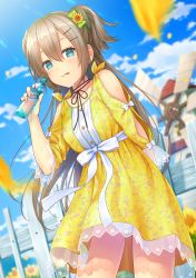 Rule 34 | 1girl, aimori meguru, bad id, bad pixiv id, blue eyes, blue sky, blurry, blurry background, blurry foreground, bow, breasts, cloud, collarbone, commentary request, day, depth of field, diffraction spikes, dress, dutch angle, fence, floral print, flower, green bow, hair between eyes, hair bow, hair flower, hair ornament, hairclip, highres, holding, long hair, long sleeves, looking at viewer, medium breasts, moe2018, original, outdoors, panties, print dress, ramune, revision, see-through, sidelocks, sky, solo, sunflower, sunflower hair ornament, sunlight, underwear, very long hair, wet, white bow, white panties, windmill, yellow dress, yellow flower