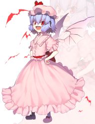 Rule 34 | 1girl, bat wings, blue hair, dress, female focus, hands on own hips, hat, kaiza (rider000), open mouth, red eyes, remilia scarlet, short hair, smile, solo, touhou, wings, zoom layer