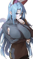 Rule 34 | 1girl, animal ears, aochoku, arm under breasts, armpit crease, armpit cutout, black shirt, blue eyes, blue hair, breast hold, breasts, cat ears, cat tail, cleavage, closed mouth, clothing cutout, fake animal ears, glasses, hairband, hand on own chin, highres, large breasts, long hair, long sleeves, looking at viewer, original, round eyewear, round teeth, shirt, sidelocks, simple background, smile, solo, stroking own chin, tail, teeth, upper body, very long hair, white background