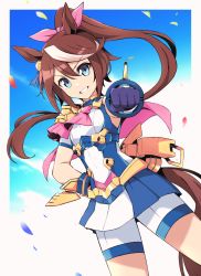 Rule 34 | 1girl, adapted costume, animal ears, ascot, blue eyes, blue gloves, blue sky, bow, brown hair, clenched hand, cloud, commentary request, dress, dutch angle, epaulettes, gloves, grin, hair ribbon, hand on own hip, high ponytail, highres, horse ears, horse girl, horse tail, long hair, looking at viewer, multicolored hair, mutsuki riichi, outstretched arm, petals, pink ascot, pink bow, pink ribbon, ponytail, ribbon, short shorts, short sleeves, shorts, shorts under dress, single epaulette, sky, smile, solo, streaked hair, tail, tokai teio (umamusume), umamusume, v-shaped eyebrows, very long hair, white dress, white hair, white shorts