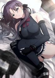 Rule 34 | 1girl, ahoge, asakura toru, ass, bare shoulders, black gloves, black thighhighs, blue eyes, breasts, brown hair, cosplay, costume request, dead or alive, detached sleeves, frilled one-piece swimsuit, frills, gloves, gradient hair, grey hair, hair ornament, highres, idolmaster, idolmaster shiny colors, large breasts, looking at viewer, lying, marie rose, marie rose (cosplay), misaki nonaka, multicolored hair, on side, one-piece swimsuit, short hair, solo, thighhighs, thighs, x hair ornament