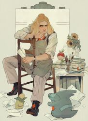 Rule 34 | 1boy, absurdres, applin, apron, black footwear, blonde hair, book, book stack, canvas (object), closed mouth, conmenn art, creatures (company), crumpled paper, flower, game freak, gen 4 pokemon, gen 8 pokemon, gible, grey apron, grey pants, hassel (pokemon), highres, holding, holding paper, male focus, mature male, nintendo, pants, paper, pokemon, pokemon (creature), pokemon sv, shirt, signature, sitting, sitting backwards, smoliv, sunflower, thick eyebrows, watch, white shirt, wristwatch, yellow eyes
