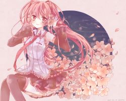 Rule 34 | 10s, 1girl, 2015, artist name, cherry blossoms, dated, detached sleeves, hatsune miku, long hair, mikoto1029, necktie, pink hair, sakura miku, sitting, skirt, solo, thighhighs, twintails, very long hair, vocaloid