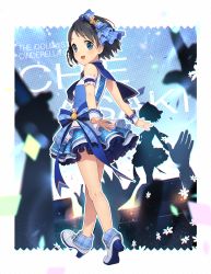 Rule 34 | 10s, 1girl, arms behind back, black hair, blue eyes, blush, bow, full body, hair bow, hair ornament, high heels, highres, idolmaster, idolmaster cinderella girls, kneepits, looking at viewer, looking back, open mouth, outstretched arms, sailor collar, sasaki chie, short hair, skirt, sleeveless, smile, solo, teiryoku lolita, wrist cuffs