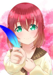 Rule 34 | 1girl, absurdres, aqua eyes, artist name, artist request, blue feathers, blush, breasts, close-up, feathers, female focus, green eyes, hair between eyes, highres, holding, holding feather, kurosawa ruby, light brown jacket, long sleeves, looking at viewer, love live!, love live! school idol festival, love live! sunshine!!, parted lips, red hair, short hair, smile, solo, upper body