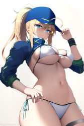 Rule 34 | 1girl, ahoge, artoria pendragon (fate), ashino moto, baseball cap, bikini, blonde hair, blue eyes, blue hat, blue jacket, blush, breasts, cleavage, cropped jacket, fate/grand order, fate (series), hair between eyes, hair through headwear, hat, highres, jacket, large breasts, long hair, long sleeves, looking at viewer, mysterious heroine x (fate), mysterious heroine xx (fate), navel, ponytail, shrug (clothing), sidelocks, smile, solo, stomach, swimsuit, thighs, white bikini, wristband