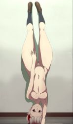 Rule 34 | blonde hair, breasts, cleft of venus, completely nude, full body, handstand, highres, legs, lycoris challenge (meme), lycoris recoil, meme, nipples, nishikigi chisato, nude, nude filter, pussy, red eyes, screencap, short hair, stomach, third-party edit