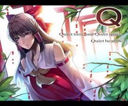 Rule 34 | 1girl, ascot, bad id, bad pixiv id, bare shoulders, berry, bow, brown eyes, brown hair, detached sleeves, english text, female focus, hair bow, hair tubes, hakurei reimu, irohara mitabi, japanese clothes, leaf, letterboxed, long hair, miko, plant, sidelocks, solo, torii, touhou