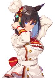 Rule 34 | 1girl, absurdres, animal ears, arms up, black hair, blue eyes, blue hair, blush, breasts, chef, chef hat, colored inner hair, cowboy shot, eishin flash (collect chocolatier) (umamusume), eishin flash (umamusume), frilled sleeves, frills, hair ornament, hairclip, hat, heart, highres, horse ears, large breasts, long sleeves, looking at viewer, multicolored hair, namaponpon 00, parted lips, short hair, simple background, solo, two-tone hair, umamusume, white background, wrist cuffs