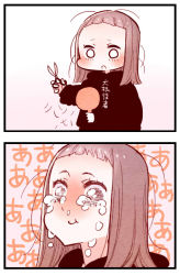 Rule 34 | 1girl, 2koma, blush, brown hair, comic, crying, crying with eyes open, cutting hair, hand mirror, holding, long sleeves, mirror, o o, original, scissors, shunsuke, tears, translation request