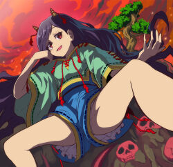 Rule 34 | 1girl, black hair, bloomers, blue shorts, bonsai, green shirt, hand on own face, hand up, highres, horns, japanese clothes, long hair, nippaku zanmu, oni horns, pants, red eyes, red ribbon, red sky, ribbon, rock, shirt, short sleeves, shorts, sitting, skull, sky, smile, solo, spread legs, syope, thighs, throne, touhou, underwear, unfinished dream of all living ghost, upshorts, very long hair, white bloomers, yellow horns